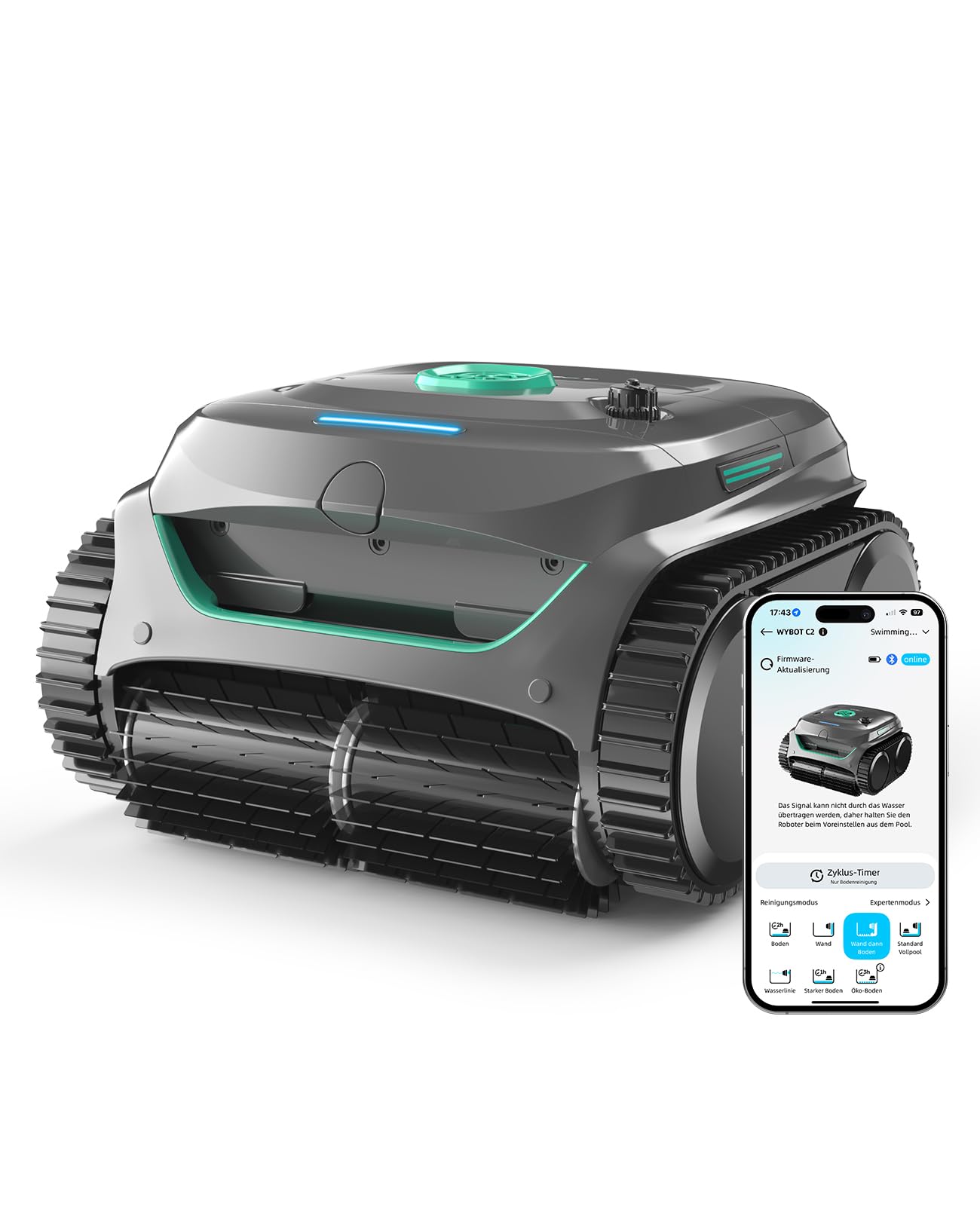 WYBOT C2 Poolroboter Akku Boden und Wand für Einbaupools bis 150㎡, Doppelfiltration, 3-Fach Motor, Starke Saugkraft, Wandkletter & Wasserlinie, 183 Min, App(Schwarz-Grün B)